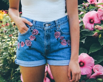 Rose Blossom Handpainted High Waisted Shorts