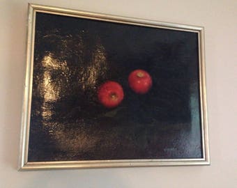 Sale-Vintage Original Oil Painting Striking Black with Red Apples Signed