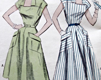 Vintage Butterick 6111 Sewing Pattern, 1950s Dress Pattern, Full Skirted Dress, Large Pockets, Bust 30, 1950s Sewing Pattern, Square Neck