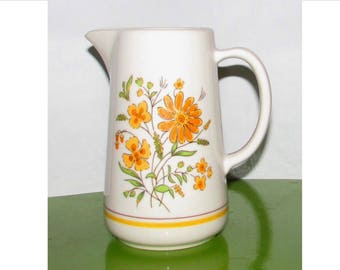 Vintage Ceramic Stoneware Milk Juice Water Pitcher with Orange & Yellow flowers, 70s, Marigolds, floral, tableware, serving