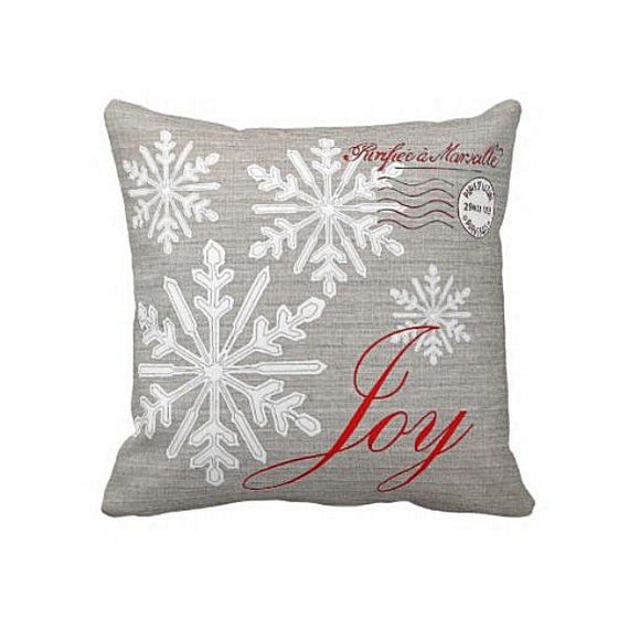 Christmas Holiday Pillow Grey and Red Snowflake Joy Cotton and