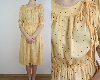 vintage 70s 80s Yellow Polka Dot Ditsy Print secretary dress S M