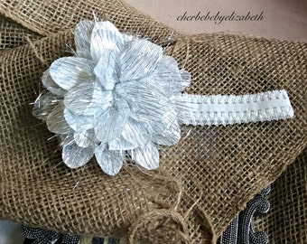 Baby headband, White sparkle flower Headband, White silver sparkle headband, shower gift