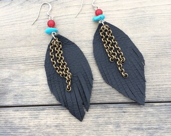 Black Leather Fringe Earrings
