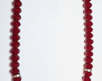 Deep Rich Ruby Red Velvet Designer Faceted Glass Crystal Rondelle & Magnetic Clasp Necklace 21 1/2"