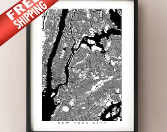 New York City Map - Black and White NYC Poster Print