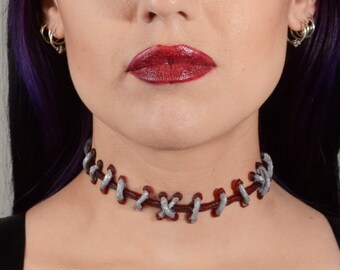 Psychobilly Frankenstein Zombie - Silver and Dark Red stitches Choker