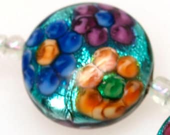 Lampwork glass beads (5) metallic button lampwork beads with colorful flowers SRA Made to order, jewelry supplies, handmade lampwork, beads