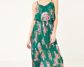 Floral Pleated Dress - Green
