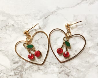 CHERRY EARRINGS HOOPS - cherry earrings studs - hoop earrings - fruit earrings - heart shaped earrings - heart hoops - heart earrings