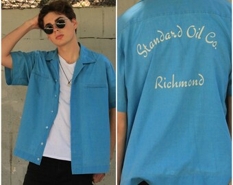 Vintage 70s Button down Oxford Work shirt bowling shirt M-L