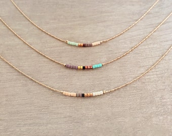 Rose Gold Dainty Beaded Necklace / Boho Delicate Minimalist Jewelry Short Layering Necklace / Colorful Simple Minimal Bridal Gift