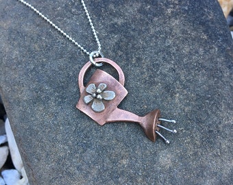 Copper Watering Can Necklace - Gardener Pendant on Sterling Silver Chain OOAK