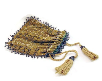 Antique Green Silk Purse | Antique Beaded Silk Purse | Antique Reticule | Edwardian Purse