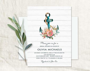 Nautical Bridal Shower Invitation Floral Anchor Wedding Shower Invitations Baby Shower Anchor Invitation Bridal Shower Template Printable