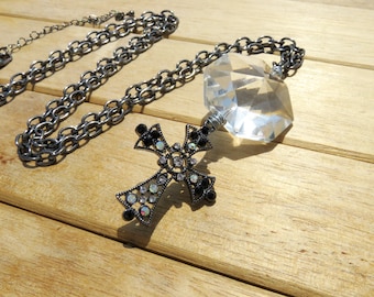 Silver and Rhinestone Cross Necklace // Vintage Octagon Crystal Prism Necklace // Filigree Cross Jewelry