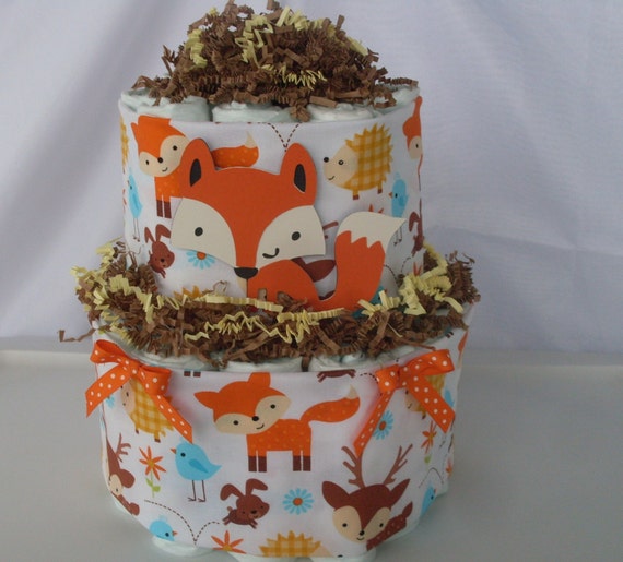 Items similar to 2 Tier Fox Diaper Cake, Woodland Animals Diaper Cake ...