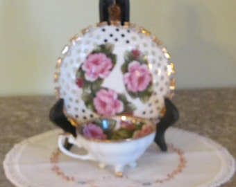 Vintage Relco Rose Pattern Footed Tea Cup with Lattice Saucer