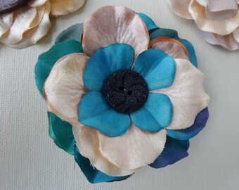 blue and creme fabric barrettes for her, hair accessory with button, floral hair barrette with black button, flower hair barrettes, fabric