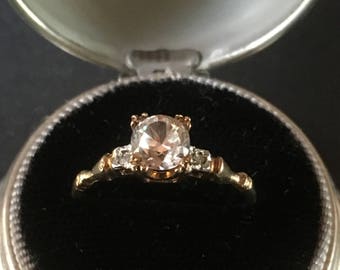 Art Deco 10K Yellow Gold Cubic Zirconia & Diamond Engagement Ring