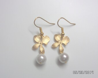 Gold orchid flower with Fresh water pearl earrings, Bridesmaid gift,Affordable Christmas gift