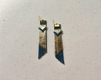 Metallic Gold And Green Leather Fringe Statement Earrings