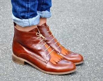 Burton - Womens Fall Boots, Lace-up Leather Boots, Fringe Boots, Ankle Boots, Custom Leather Boots, Brown boots, FREE customization!!!!