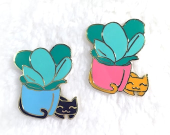Cat Enamel Pin, Cat Lapel Pin, Succulent Enamel Pin, Plant Enamel Pin, Cat Pin, Cute Pin, Enamel Pin