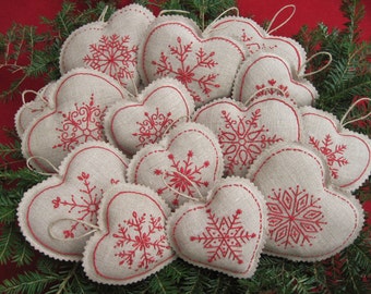 Embroidered Snowflake Linen Heart Christmas Ornaments /Bowl fillers /Redwork/Farmhouse Xmas