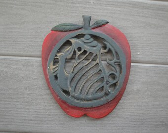 Apple Shaped Trivet Cast Iron Vintage Painted Red & Black