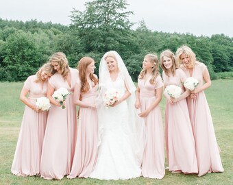 Mismatched Bridesmaids~ Southern Blush Satin Long Octopus Convertible Wrap Gown- Mismatched Bridesmaids, Wedding, Maternity, Plus Size