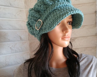 Women's crochet newsboy hat, green pageboy, seagreen women's hat, accessories, gifts, fall, winter and spring fashion, buckle detail
