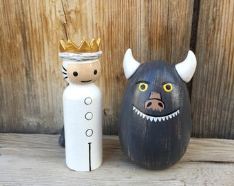 Where the Wild Things Are, Max and Wild Thing, Wood Peg Dolls hand painted wood peg people peg doll