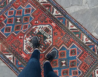 Vintage Caucasian 6'4" x 4'1" Fahraloo Baltaloo Diamond Medallion Wool Rugs 1910's - FREE DOMESTIC SHIPPING