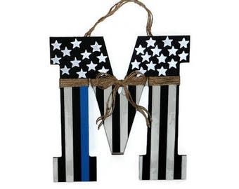 Blue Lives Matter Thin blue line American Flag Letter Wreath Door Wreath Decoration Police Officer Peace Patriotic Initial Letter door decor