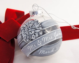Personalized Wedding Rings Hand-painted Glass Christmas Ornament