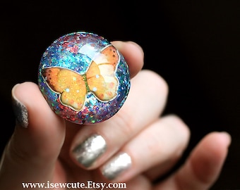 Butterfly Ring Summer Boho Style, Cute Resin Jewelry, Bauble Ring Blue Orange Resin Ring, One of a Kind Glitter Ring Handcrafted by isewcute
