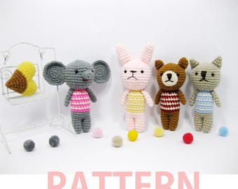 Amigurumi Crochet Pattern-Elephant,Rabbit,Bear,Cat