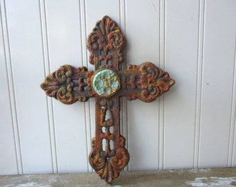 Rustic cast iron cross filigree faux rust verdigris wall hanging 8 inch metal cross brown antique style Christian Divine Religious decor LR6