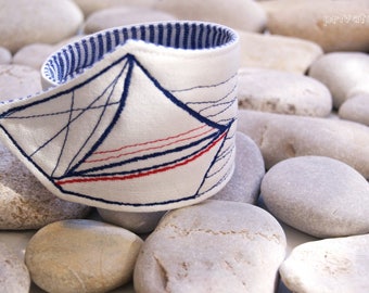 Nautical Bracelet Cuff Textile Art Fashion - Textile Jewelry - Yacht - modern chic design. Unique gift for Her!