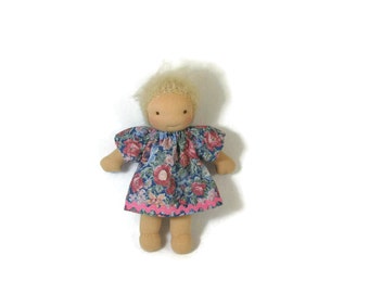 7 inch, 8 inch, 9 inch Waldorf doll dress, blue floral doll dress, toy clothing, tiny doll dress