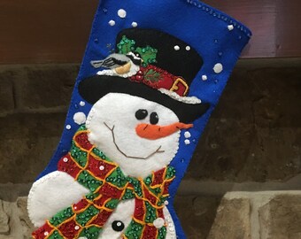 Decorative Christmas Stocking: Snowman with broom and dog