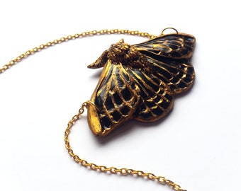 Black and Gold Moth Necklace - Resin Necklace - Resin Moth Pendant - Gothic Jewelry - Gothic Moth Necklace - Sculpted Necklace - Resin Art