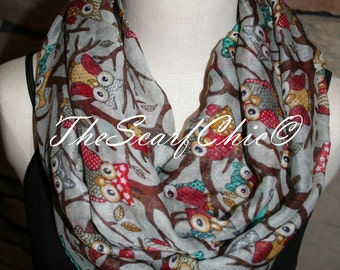 Infinity Scarf Whimsical Owl Grey Gray Circle Loop Scarf - Whimsy Owl-Summer Scarf Accessories