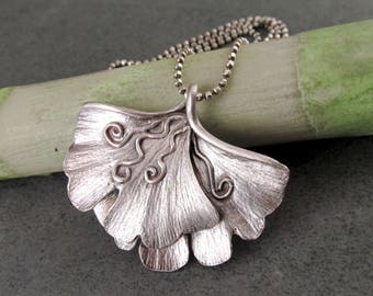 Large double gingko leaf pendant, handmade eco friendly fine silver necklace, One of a kind