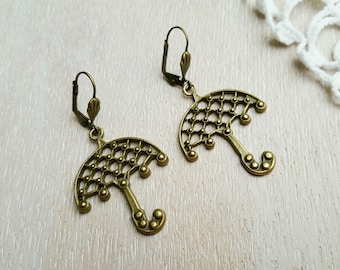 Vintage Style Bronze Tone Earrings with Umbrella Boho Earrings Brass Umbrella Earrings