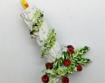 Vintage Christmas Candle Brooch with Holly Leaves and Red Rhinestones