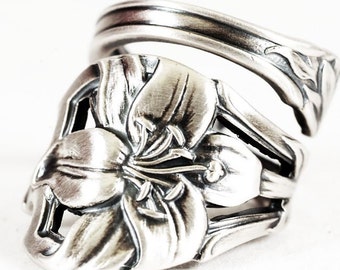 Easter Lily Ring, Lilly Flower Ring, Sterling Silver Spoon Ring, Antique Watson Co Spoon, Handmade Gift for Her, Adjustable Ring Size (6611)