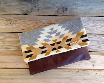 Wool and Leather Fold Over Clutch, Tribal Print Clutch, Leather Clutch, navajo print, fall fashion, Oregon Wool, Wool bag