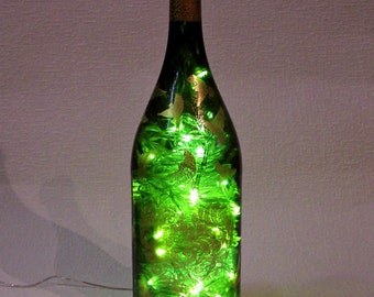 Lighted Bottle. Recycled Hand Decorated 1.5 Liters Wine Bottle with 200 LED White Lights Inside. Bottle Lamp. Party Decor Lights.